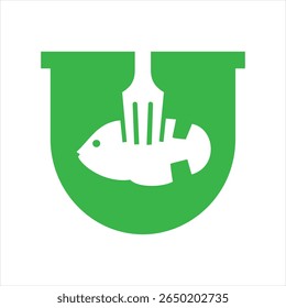 Food logo design that combines the letter u with a fish and fork, using the color green.