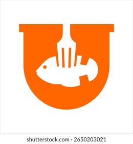 Food logo design that combines the letter u with a fish and fork, using the color orange.