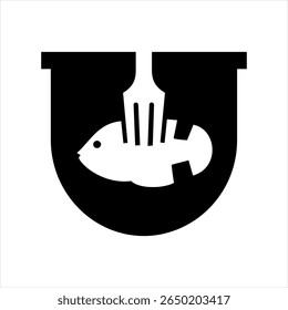 Food logo design that combines the letter u with a fish and fork, using black.