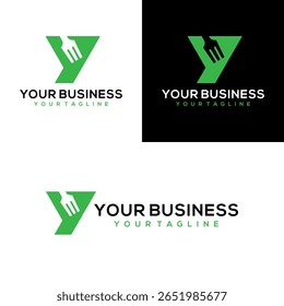 Food logo design that combines the letter y and a fork, using the color green.