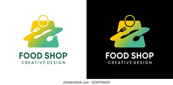 Diseño de logotipo alimentario, ilustración vectorial de la compra de alimentos con bolsa de compra y mezcla de cubiertos