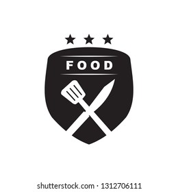 Food logo design in vintage style with knife and fried stirrer