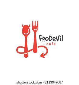 Food logo Devil icon. Fork and Spoon inside circles. Catering concept.