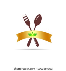 Food logo of fork spoon and gold banner Creative business