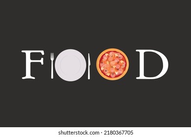 food logo with fork and spoon and pizza background for fast food cuisine restaurant