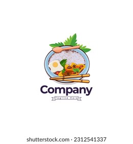 Food logo With Illustration, Food Business Company, Vector Illustration With Premium Concept. Plate With a Fork, Spoon, And Fried Eggs In The White Background.