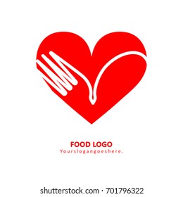 Food logo isolated on white background. Red heart with fork and spoon icon. Simple creative business logo for food product, restaurant, cooking school, café, canteen. EPS10 vector illustration.