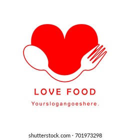 Food logo isolated on white background. Red heart with fork and spoon image. Love food concept. EPS10 vector illustration for restaurant, café, canteen, product, store, market, catering, shop.