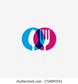 Food logo like icon. Fork and Spoon inside circles. Catering concept. Flat line vector illustration.