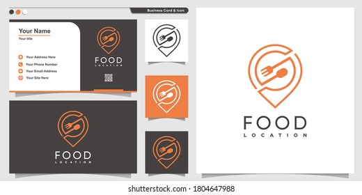 Food logo with line art pin location style and business card design Premium Vector