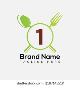 Food Logo On Letter 1 Template. Restaurant Icon On 1 Letter, Initial Chef Sign Concept