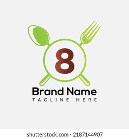 Food Logo On Letter 8 Template. Restaurant Icon On 8 Letter, Initial Chef Sign Concept