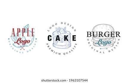 Food Logo Original Design Templates Set, Apple, Cake, Burger Labels Vector Illustration