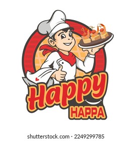 food logo, restaurant, happa vector, cook cartoon, boy selling happa, kitchen logo, lettering, cook illustration