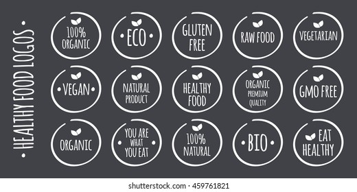 Food logo set. 100% Organic, Eco, Gluten, GMO Free, Raw, Bio, Vegetarian, Vegan, Natural Product, Premium Quality, Eat Healthy symbols. Vector label illustration