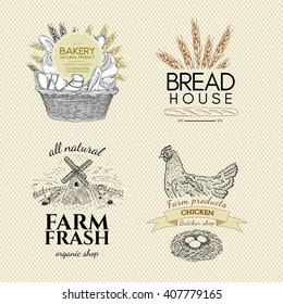 Food logo set design template bakery products butcher shop farm chicken eggs vector 