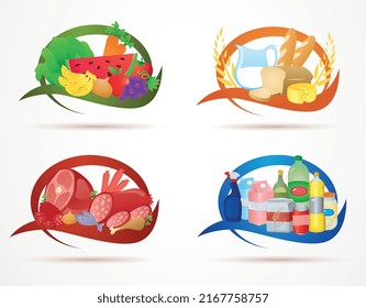 Food Logo. Supermarket Products. Butcher Shop, Breakfast, Fruits, Vegetables, Meat, Milk, Soda, Bread, Chicken, Fish, Sausage, Cheese, Flour. Red, Blue, Green And Orange Frames