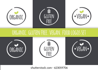 Food logos set. Organic Gluten Free Vegan labels. Vector grey white isolated symbols with green leaves 