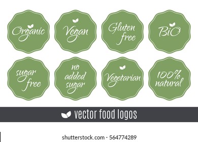 Food logos set. Organic Vegan Sugar Gluten free Bio Vegetarian 100 Natural labels. Vector green stickers isolated on white background. Healthy eating illustration labels