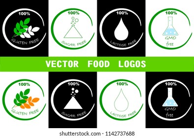 Food logos set.Healthy eating illustration labels. Gluten free, sugar free, lactose free, GMO free.