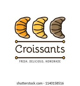 Food logotype with 3 croissants, text "croissants" and text template. Colorful isolated vector food logo in flat style with outline for your project