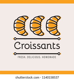 Food logotype with 3 croissants, text "croissants" and text template. Colorful isolated vector food logo with outline and print effect