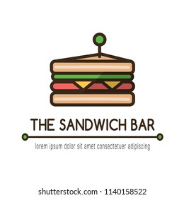 Food logotype with classical sandwich, text "the sandwich bar" and text template. Colorful isolated vector food logo in flat style with outline for your project