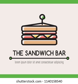 Food logotype with classical sandwich, text "the sandwich bar" and text template. Colorful isolated vector food logo with outline and print effect