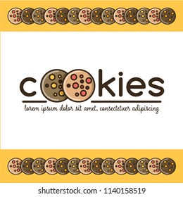 Food logotype with text "cookies" and image of 2 cookies, text template and ornamentation. Colorful isolated vector food logo in flat style with outline for your project