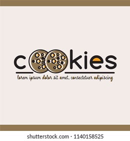 Food logotype with text "cookies" and image of 2 cookies and text template. Colorful isolated vector food logo with outline and print effect