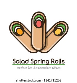Food logotype with three rolls, text "Salad Spring Rolls" and text template. Colorful isolated vector food logo in flat style with outline for your project