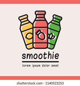 Food logotype with three smoothies in bottles (lemon, strawberry, mint) with "smoothie" text and text template. Colorful isolated vector food logo with outline and print effect