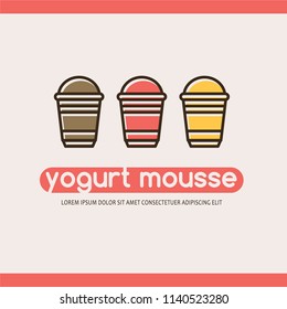Food logotype with three yogurts, text "yogurt mousse" and text template.Colorful isolated vector food logo with outline and print effect