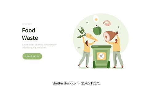 Food Loss And Waste. Characters Throwing Away Raw And Prepared Food. Environment And Resources Problems Concept. Vector Illustration.