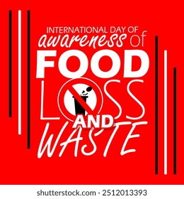 Food Loss and Waste Day event food banner.  Bold text with an illustration of food being thrown into a trash with a prohibition sign on red background to commemorate on September 29th