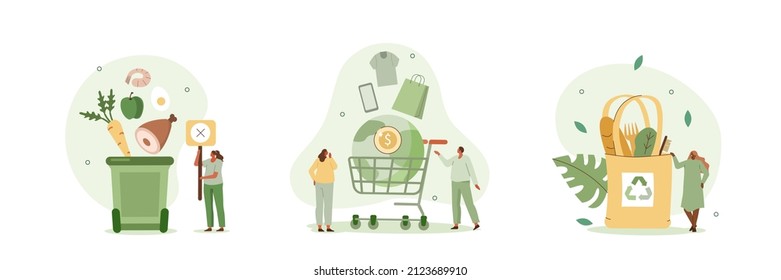 Food loss and waste illustration set. Characters trying to reduce food waste, meal garbage and overconsumption. Environment and resources problem concept. Vector illustration.