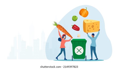 Food loss and waste. Vector of a man and a woman throwing away food