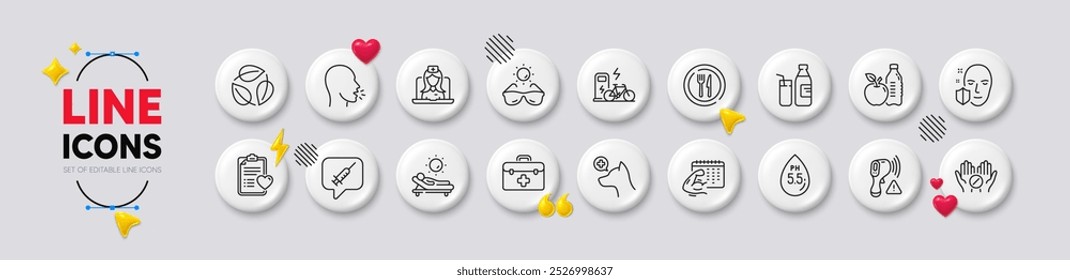 Food, Lounger and Face protection line icons. White buttons 3d icons. Pack of Milk, Fitness calendar, First aid icon. Ph neutral, Leaves, Patient history pictogram. Vector