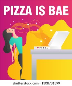 Food Love Concept. Vector illustration of a girl and pizza box. Girl smelling pizza. Foodie Vector. Love is in the air. Valentine's Day Card