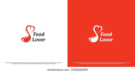 Food love logo design illustration. Silhouette of love heart soup spoon shape. Menu concept template for delicious food, restaurant, cafe, culinary, simple modern minimalist creative abstract isolated