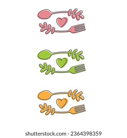 Food love logo. Spoon, fork  logo. Love and leaf logo. Kitchen logo. 