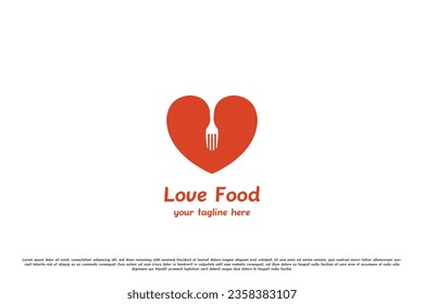 Food love logo template design illustration. Creative silhouette, abstract, simple, heart, love, fork, minimalist elegant cooking cutlery concept. Elegant luxury food restaurant cafe icon symbol.