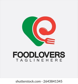 Food lover concept logo. Fork and spoon with love shape logo icon design for restaurant logo template
