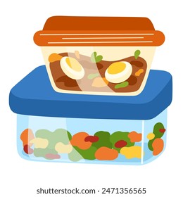 Food in lunch boxes with lids. Healthy dishes, meals and snacks packed in lunchbox containers and bags. Soup, vegetables, vegetarian eating. Flat vector illustration isolated on white