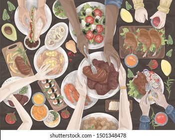 Food, Lunch, Dinner, holiday table, Family set. Group of people friends eat at a common table or celebrate a birthday. Vector doodle set.