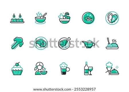 Food for lunch and dinner - set of line design style icons