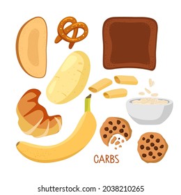 Food macronutrients. Rich in carbs food set. High carbs food isolated on white. Carbohydrate diet Potatoe, bread, pastries, banana, cookies, oatmeal, pasta. Nutrient complex diet vector infographic.