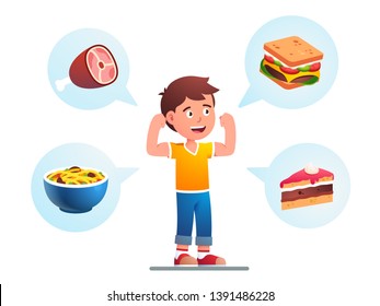 Food makes child growing strong concept. Healthy kid imagining varied meals he will eat to become stronger and showing his fit arms muscles. Flat vector character illustration