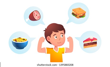 Food makes child growing strong concept. Healthy kid imagining varied meals he will eat to become stronger and showing his fit arms muscles. Flat vector character illustration