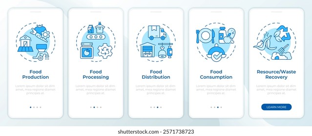 Food management blue onboarding mobile app screen. Walkthrough 5 steps editable graphic instructions with linear concepts. UI, UX, GUI template